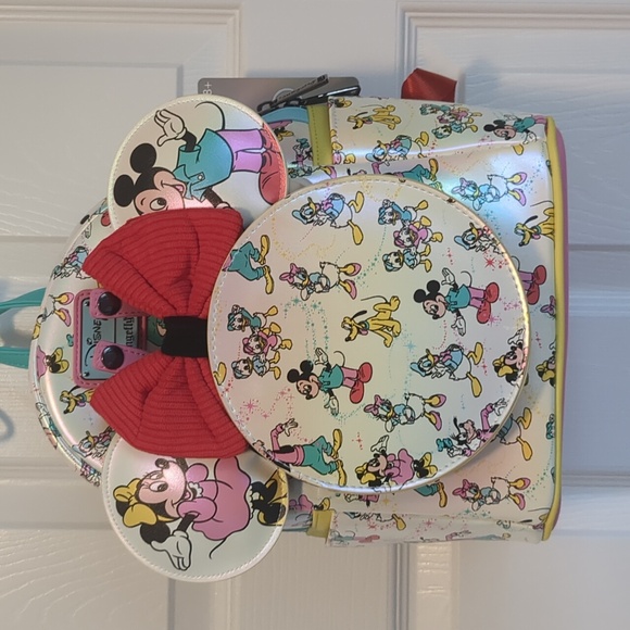 BNWT Disney Minnie & Friends Iridescent White Mini Backpack with Red Bow